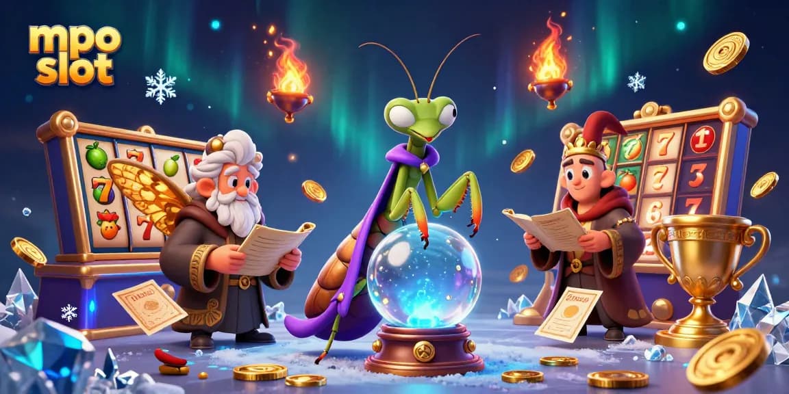 Spin the mpo slot reels immersed in a vibrant casino scene filled with magical characters and exciting promotions.