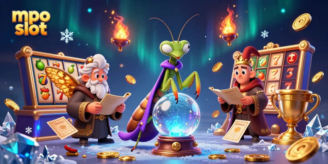 Spin the mpo slot reels immersed in a vibrant casino scene filled with magical characters and exciting promotions.