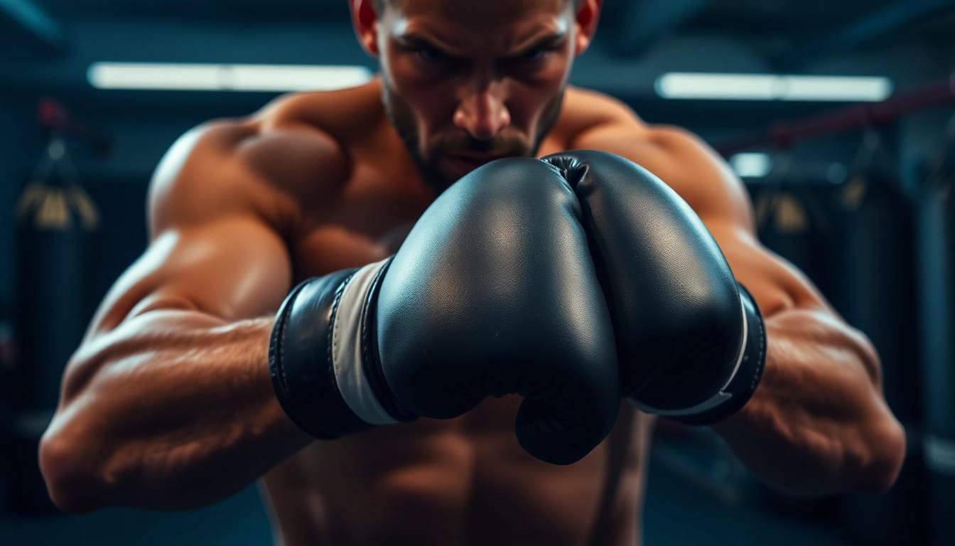 Aktiver Kämpfer mit MMA gloves zeigt beeindruckende Technik im Training.