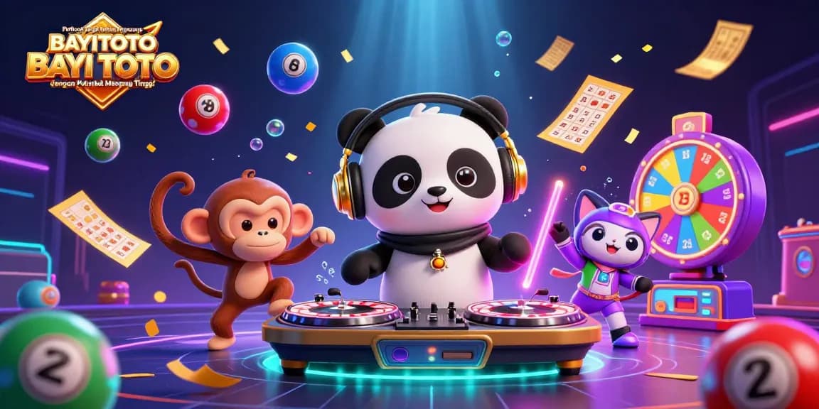 BAYITOTO Platform Togel Online Terpercaya BAYI TOTO dengan Peluang Menang Tinggi showcases a lively 3D scene with vibrant characters and gambling elements.