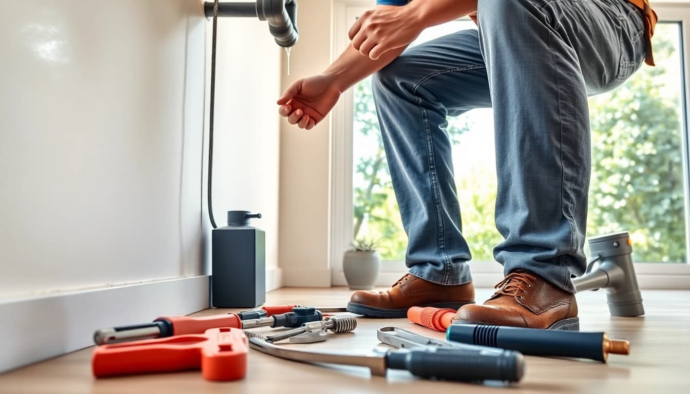 Fixing pipes with a professional plumber near me in a sunny residential setting.