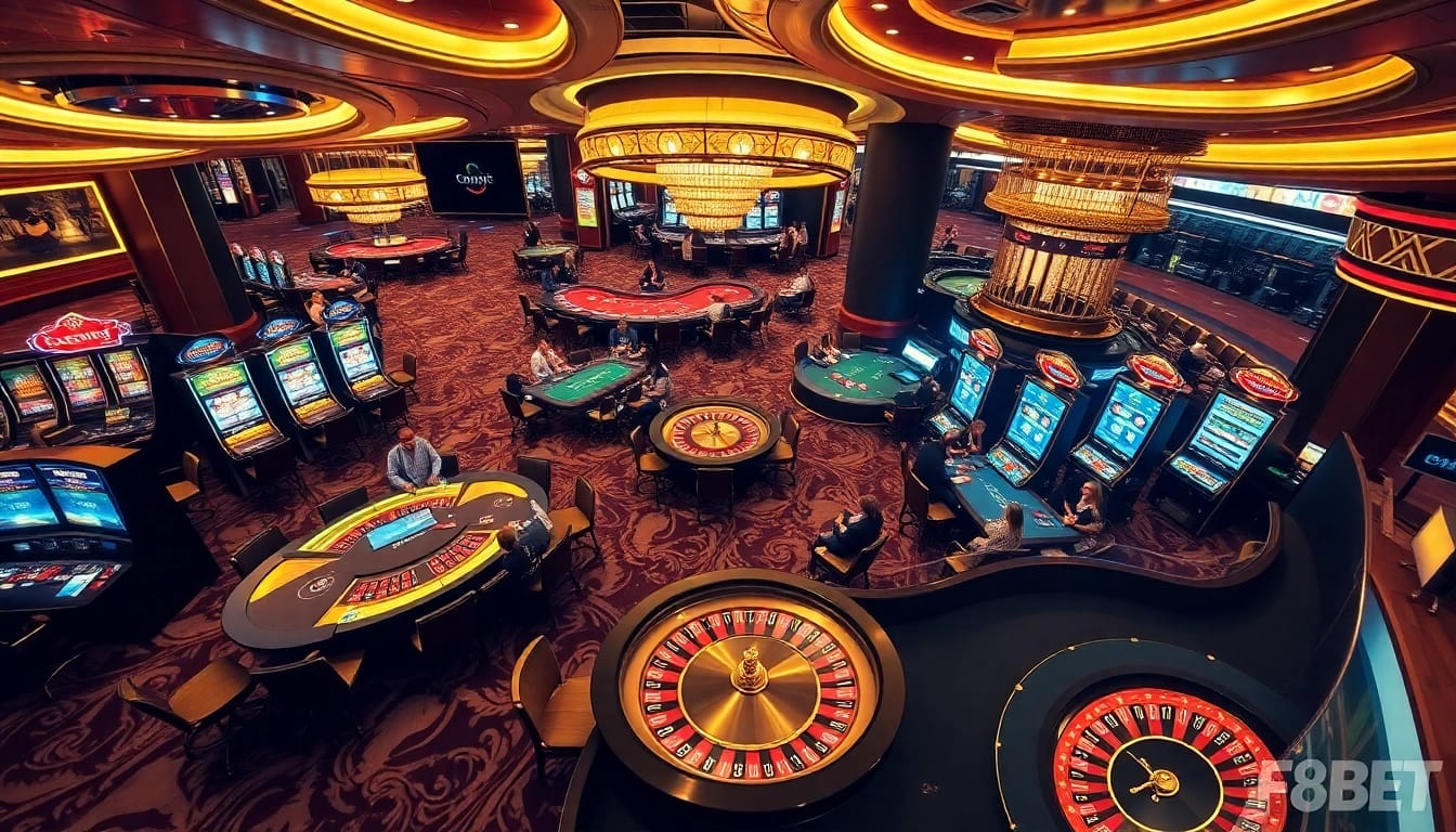Exciting gameplay at Nhà cái F8BET's luxurious casino with vibrant slot machines and poker tables.