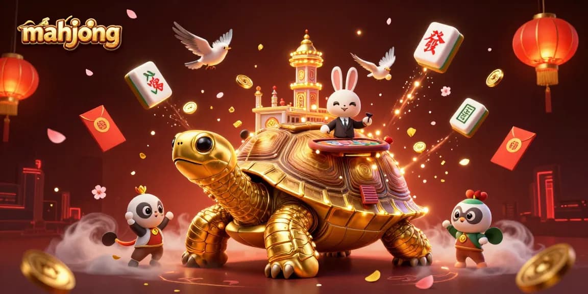 Play mahjong with a vibrant scene featuring a golden tortoise casino and dynamic game elements.