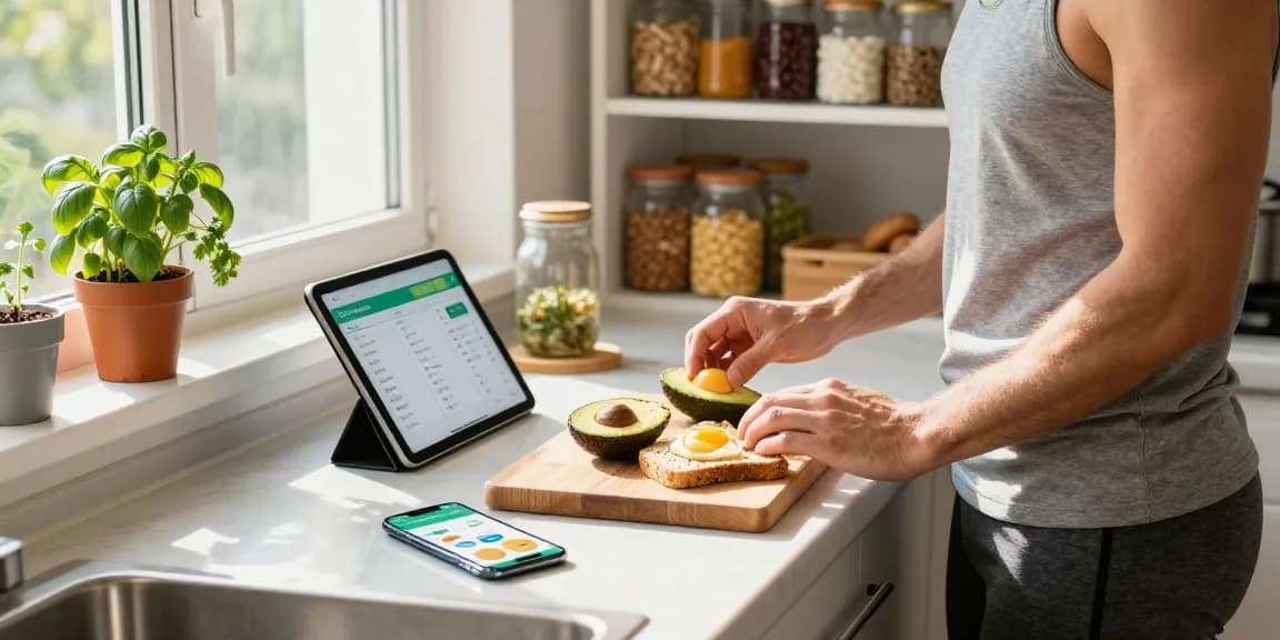 Tracking meals with the best food tracker in a bright kitchen during meal prep.