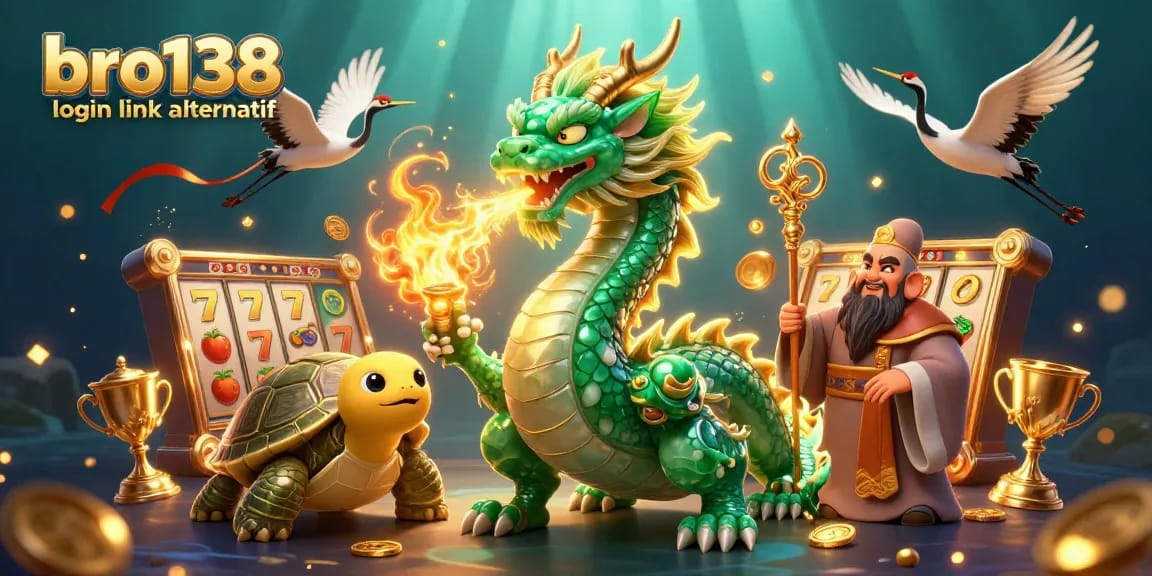 Engage with bro138 login link alternatif to enjoy dynamic slot gaming illustrated with a jade dragon and lucky symbols.