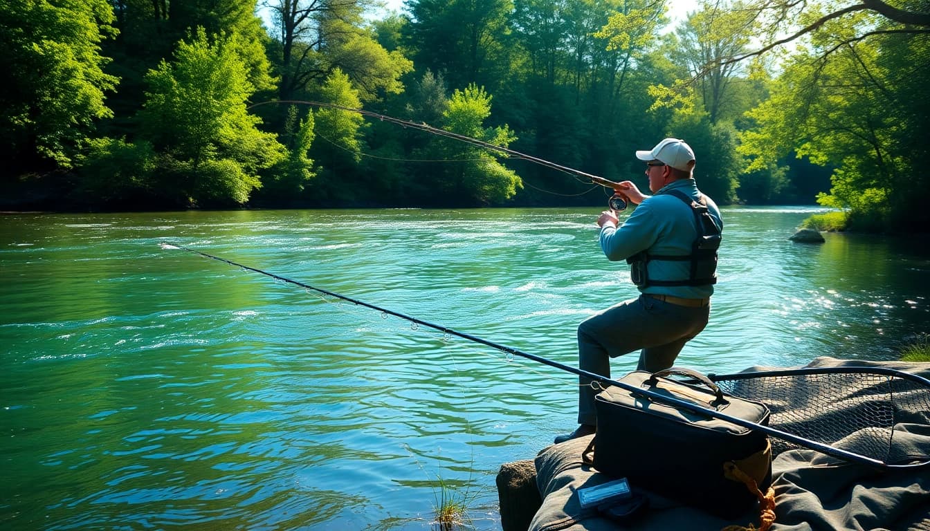 Fly fishing for beginners engaged in casting a line into a serene river.