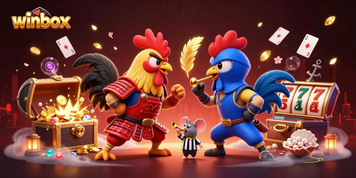 Winbox offers exciting slot gameplay with cartoon roosters and vibrant casino elements in 3D.