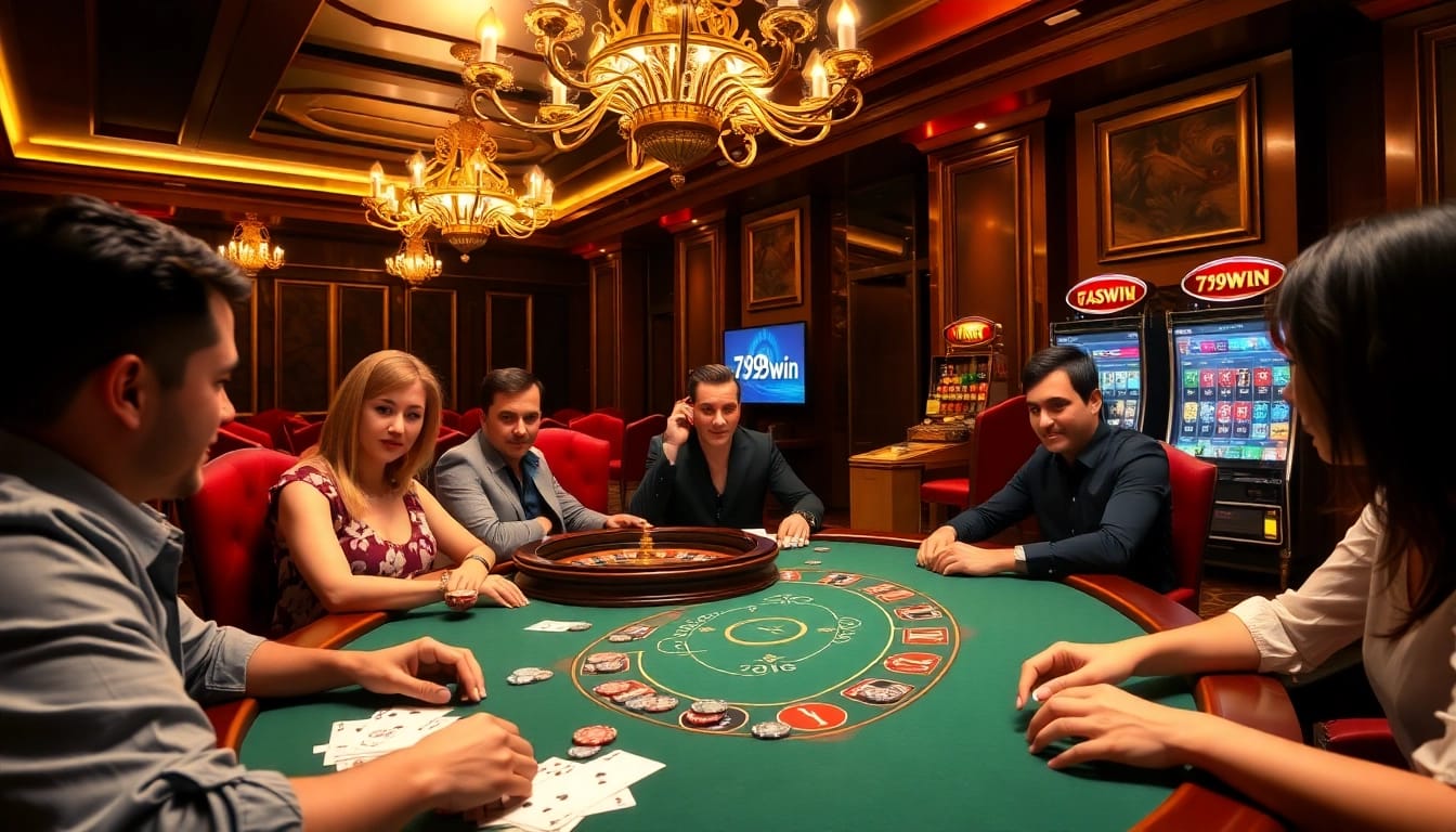 Players engaging in a high-stakes game using the 789win app at a luxurious casino setting.