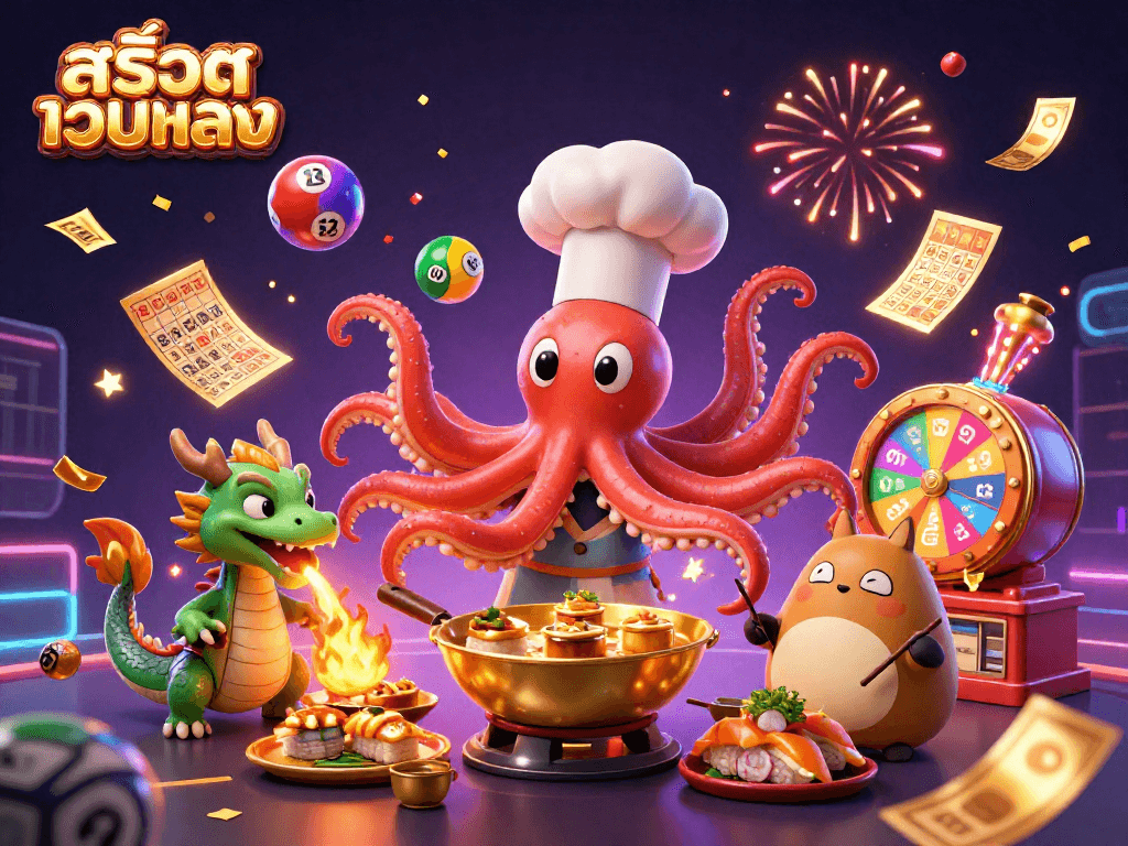 Engage with สล็อตเว็บตรง as a sushi chef octopus, dragon, and tanuki celebrate winning in vibrant lottery-themed scene.