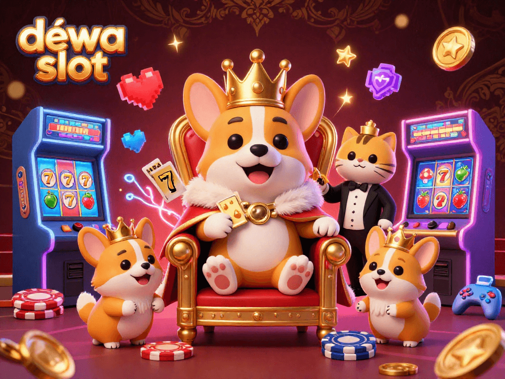 Gambarkan permainan dewa slot dengan corgi kerajaan memimpin di antara slot reel berkilau dan elemen kasino lainnya.