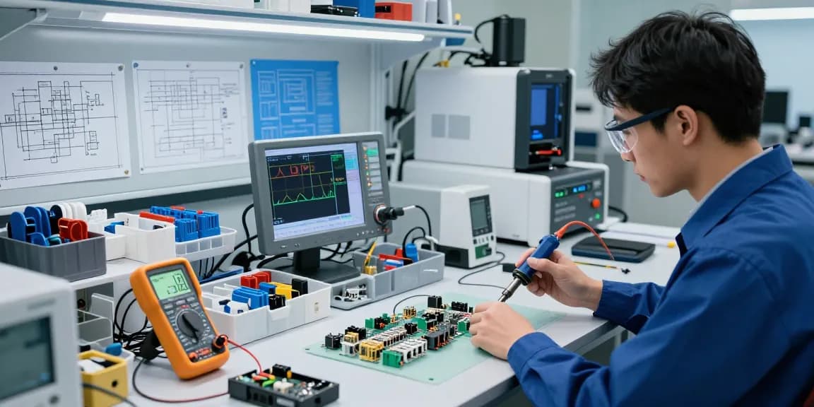 Engineer assembling IEC connectors with precision tools in a high-tech lab.
