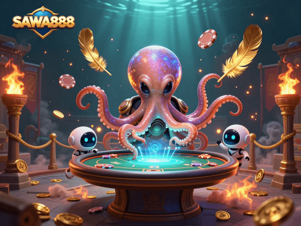 Engage in thrilling gambling at SAWA888 with a vibrant poker scene featuring an alien octopus.