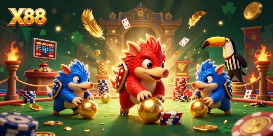 X88 showcases a thrilling scene with rival pangolins competing in a live casino game surrounded by vibrant elements.