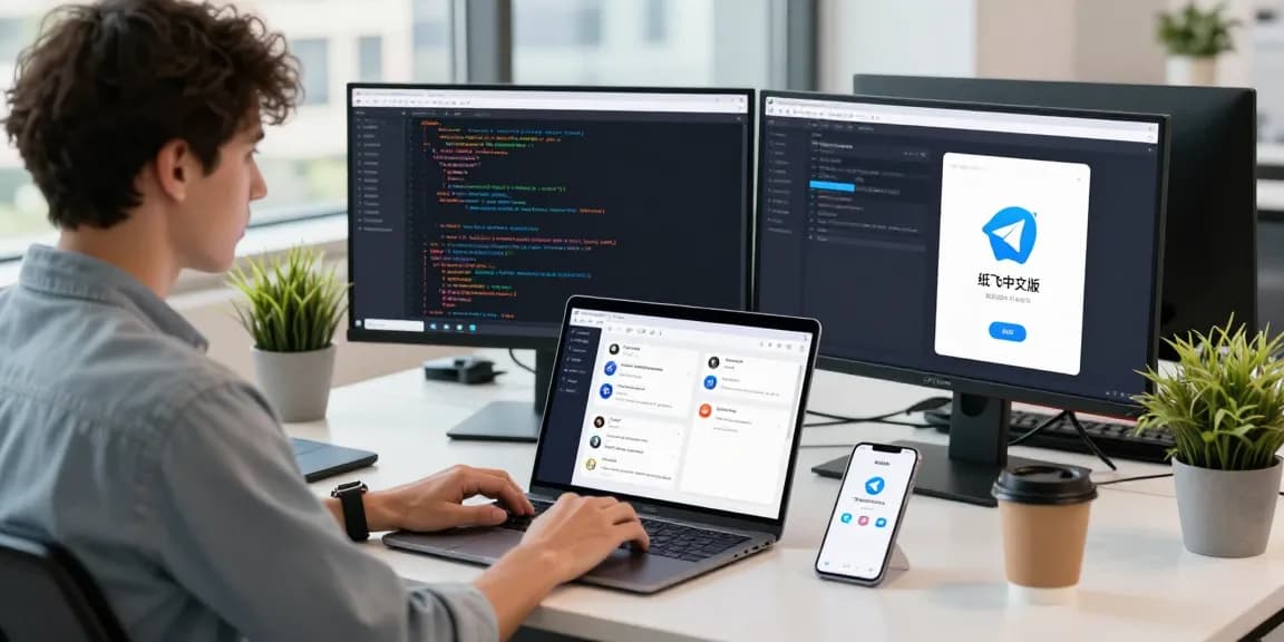 Young professional using 纸飞机中文版 on multiple screens in a modern tech workspace.