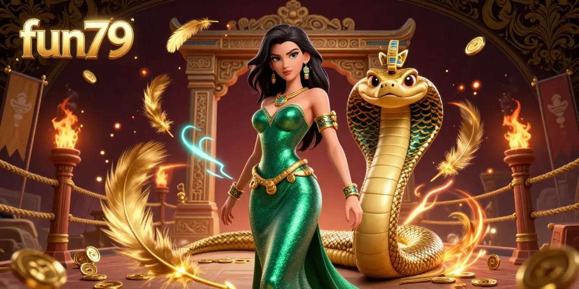 Experience thrilling gameplay at fun79, showcasing a stunning emerald-clad woman with a golden cobra in a vibrant casino scene.