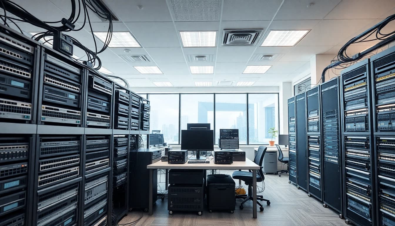 Visual representation of network infrastructure showcasing equipment and connectivity in an office.