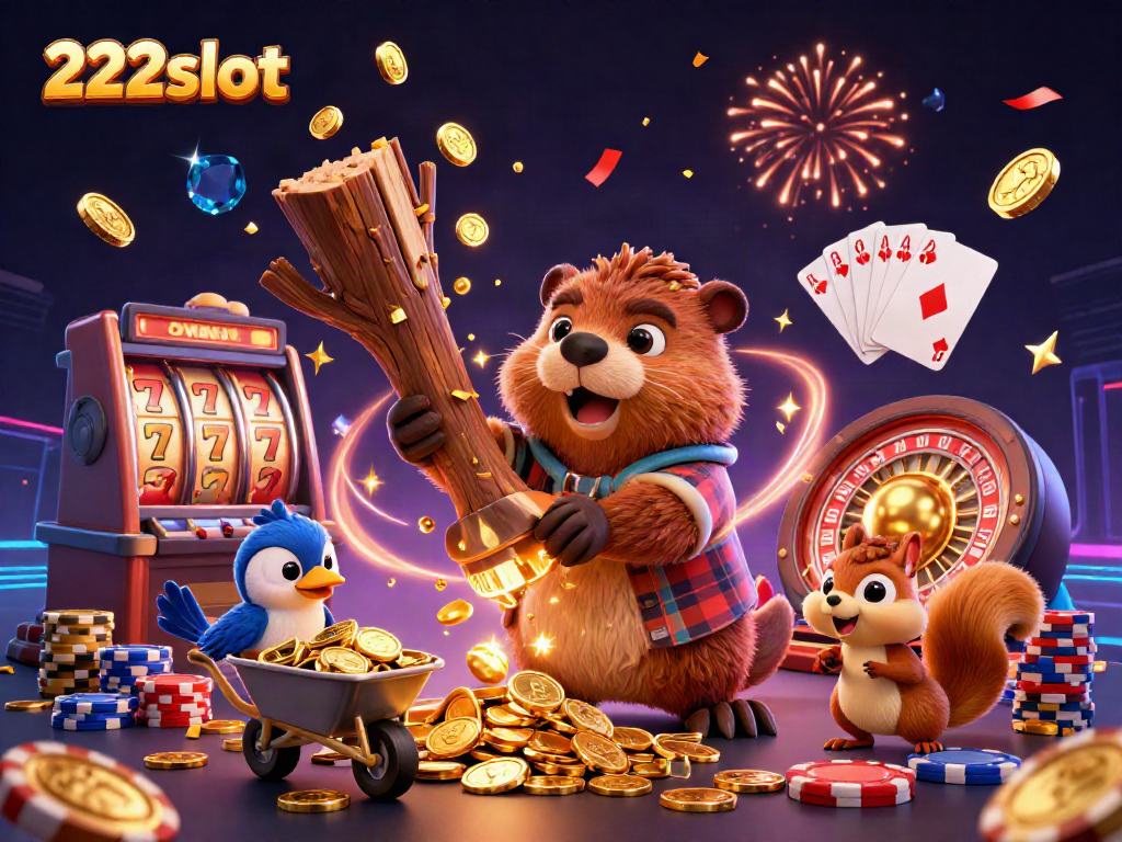 Permainan slot 222slot dengan karakter beruang, burung, dan tupai di tengah koin emas yang berjatuhan.