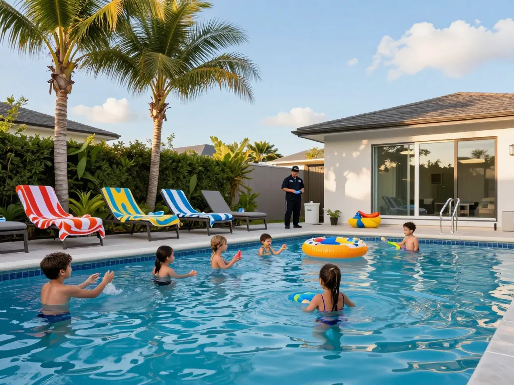 Dolphin Pool Services pool scene with family enjoying a sunny backyard pool day