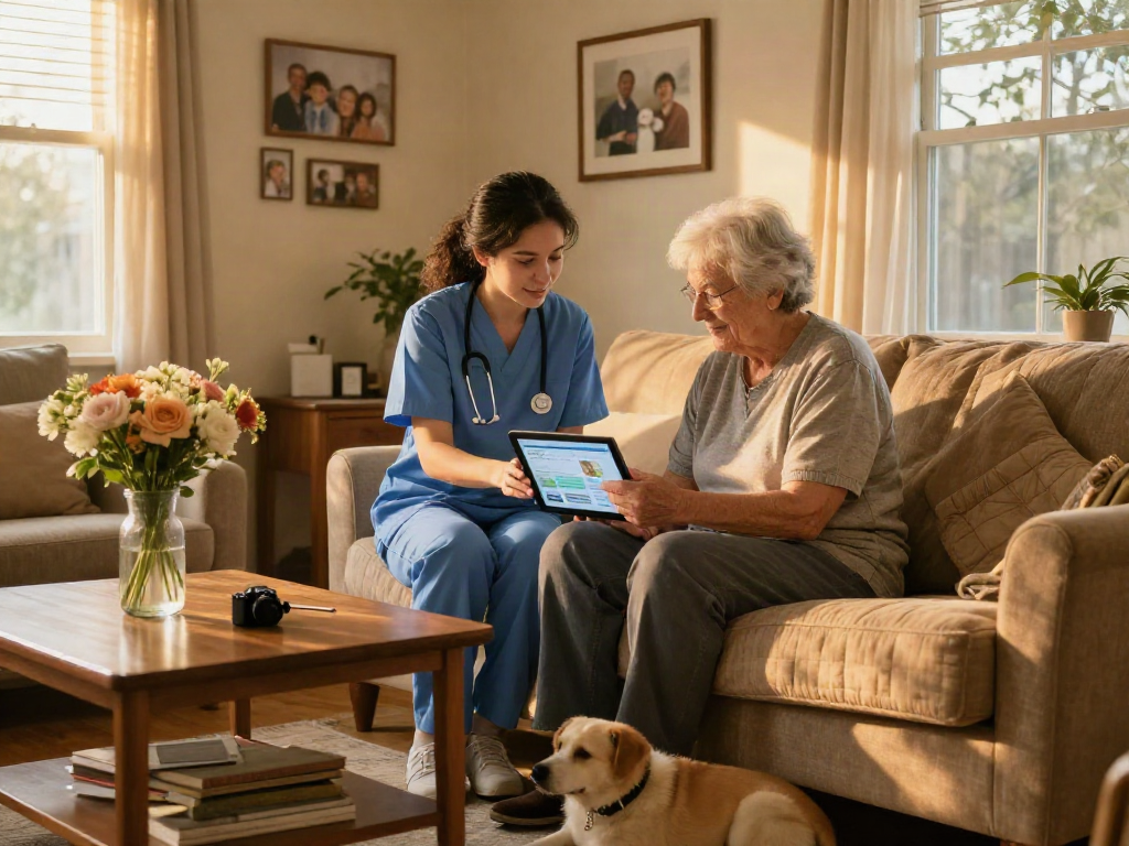Caregiver assisting elderly client in home environment with bonus new member 100 services.