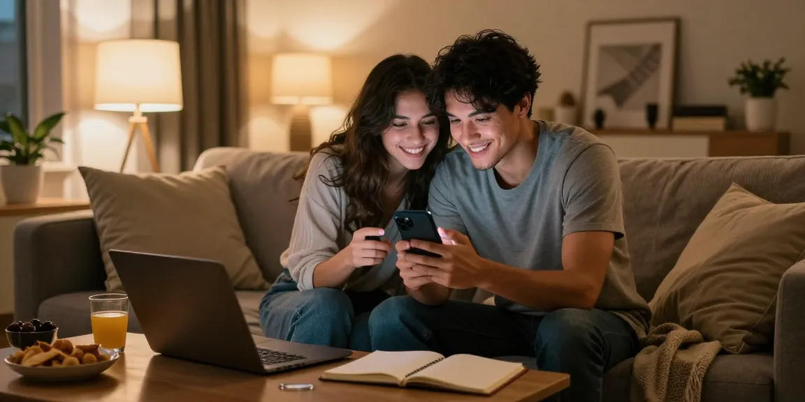 Couple enjoying playful sexting ai moments on a cozy sofa.