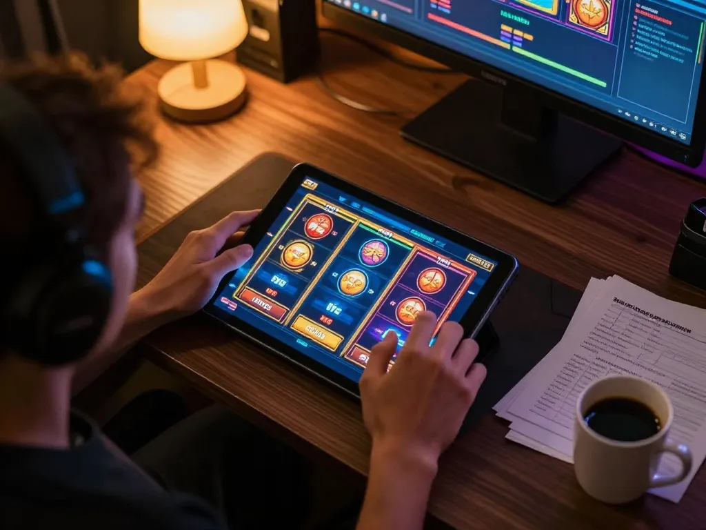 Trải nghiệm chơi game hấp dẫn trên ứng dụng lucks8 với các màn hình slot đầy màu sắc trong một không gian ấm cúng