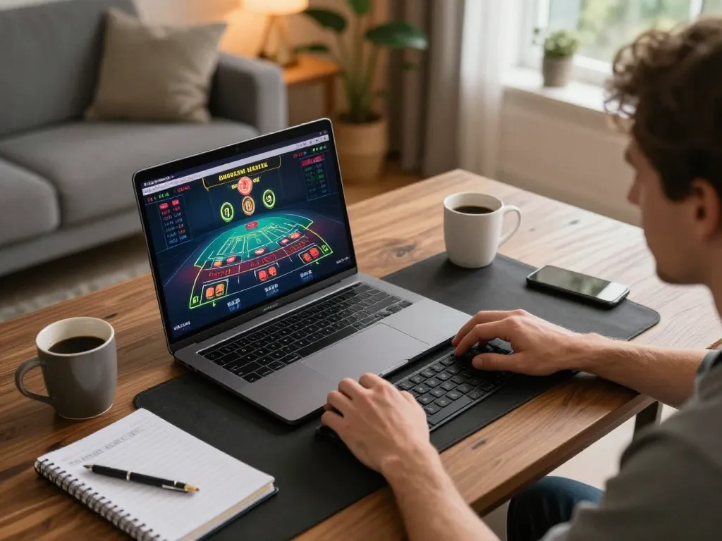 Engaging in online blackjack at Nhà Cái RR88 with a stylish home setup and personalized notes