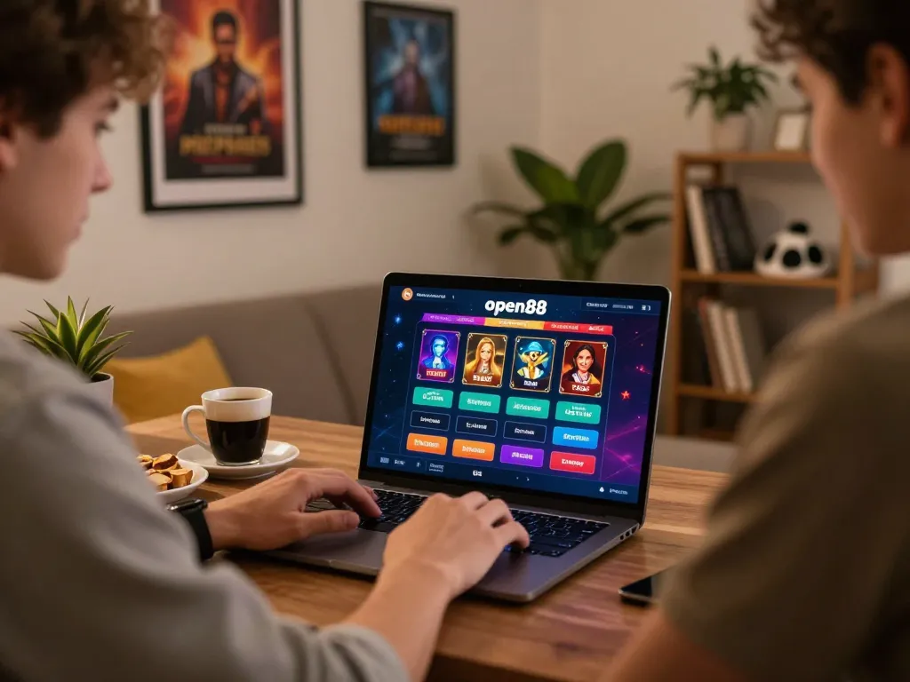 Player engaging in open88 đăng nhập on a laptop, showcasing online casino options with snacks nearby.