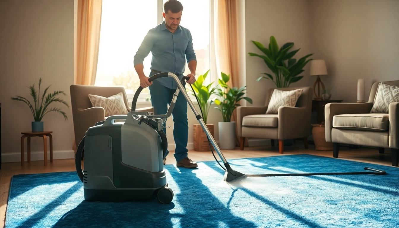 Local carpet cleaners maintaining a vibrant blue area rug in a cozy living room setting.