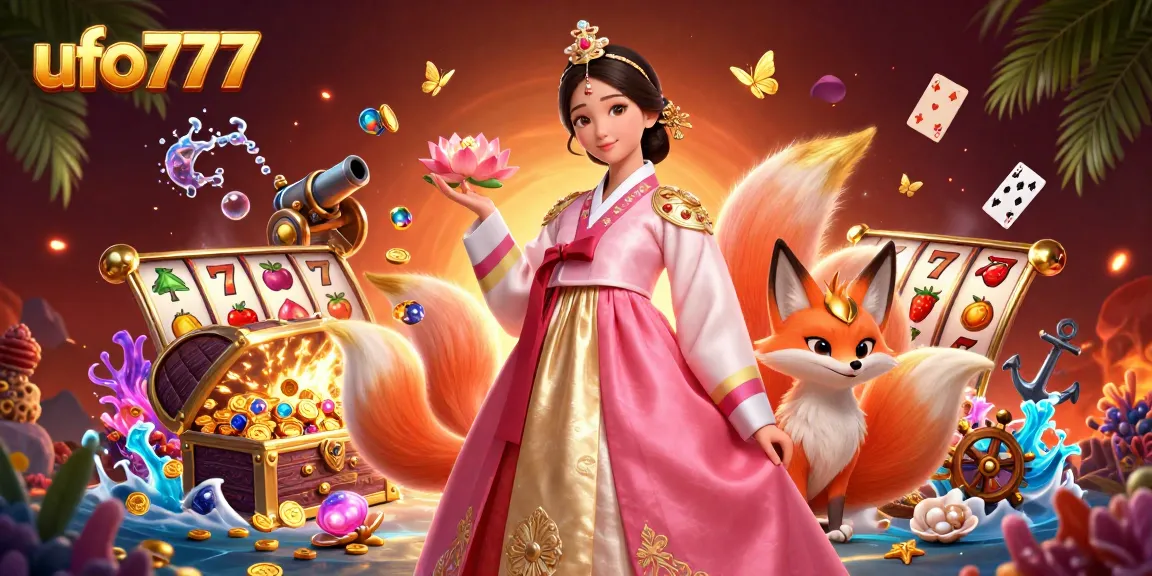 Spin and win with ufo777, featuring a lucky Asian woman, nine-tailed fox, and vibrant casino elements!