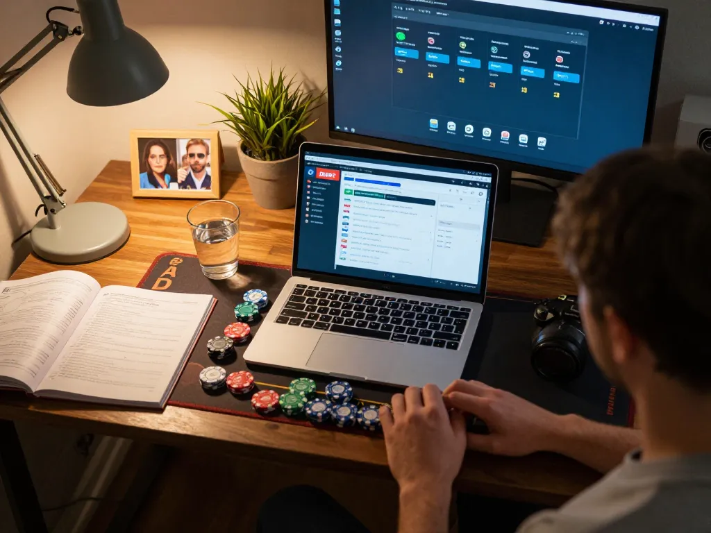 DABET user placing bets on a live dealer blackjack game from a cozy home office.