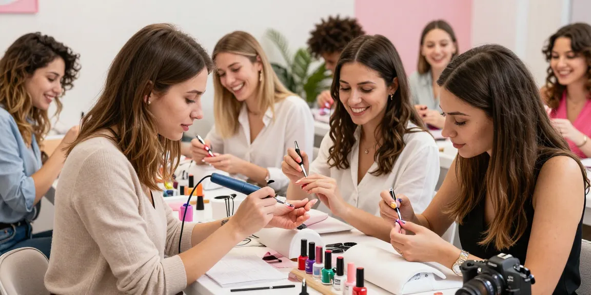 Atelier de artă pe unghii cu utilizarea frezei unghii electrice, prezentând modele vibrante de unghii.