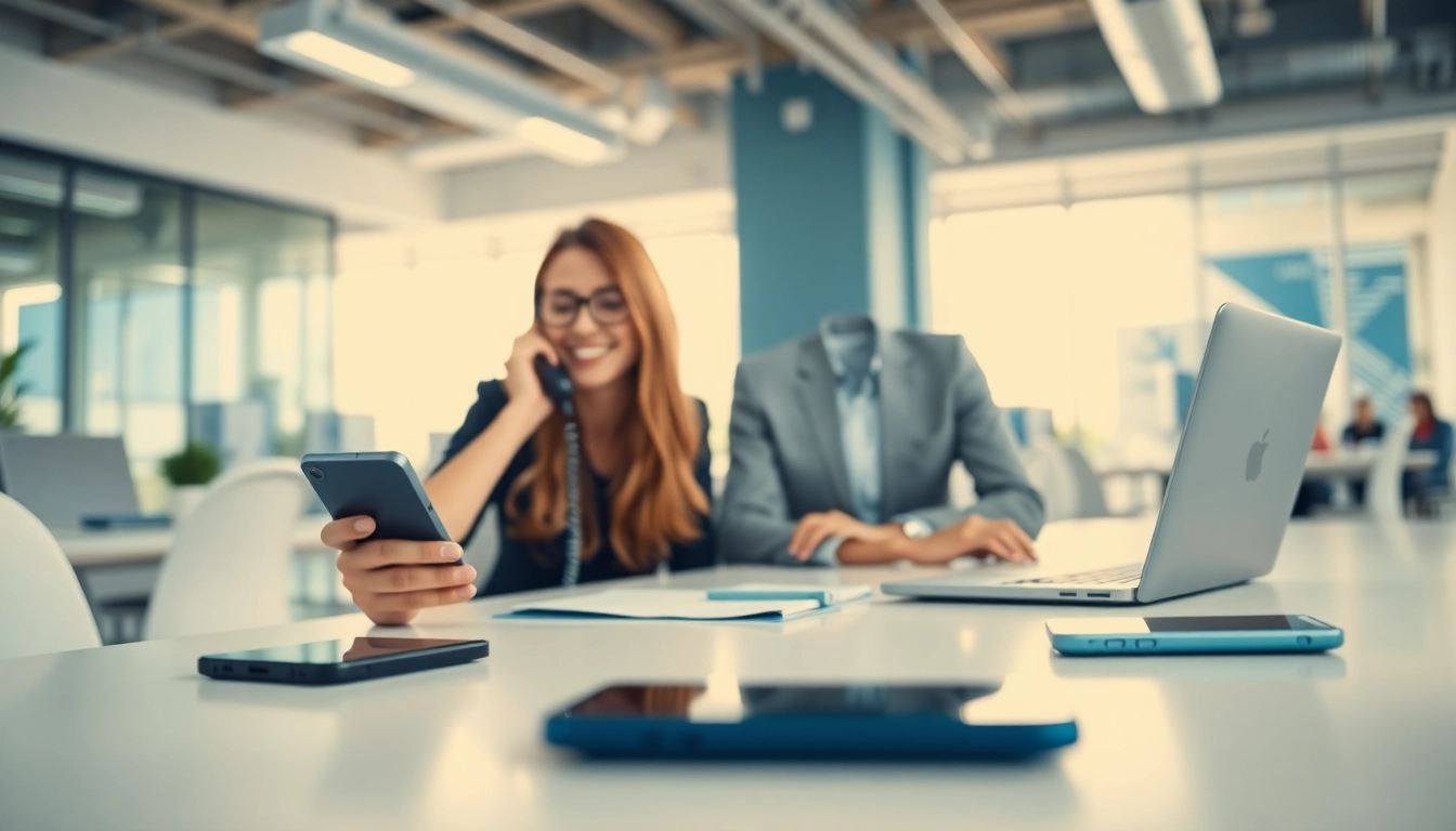 Engage in a quick phone sale, capturing a friendly interaction in a modern office environment.