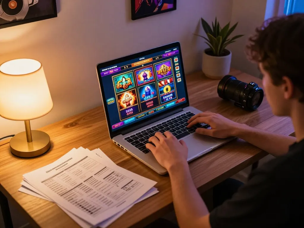 IDNSCORE player enjoying an online slots game on a stylish home setup with notes and strategy.