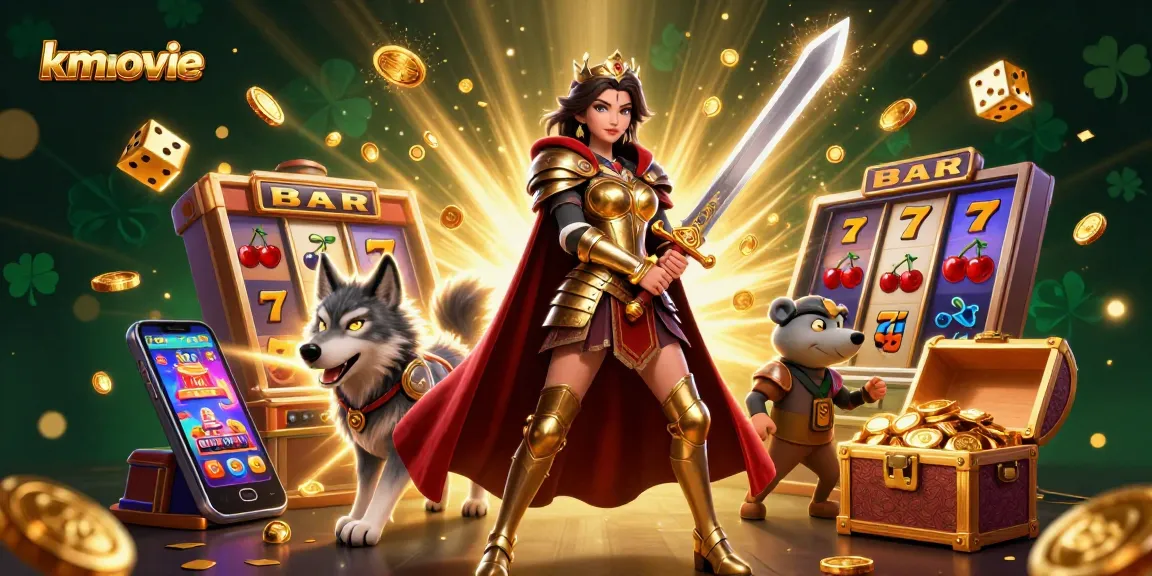 kmovie showcases a stunning warrior queen surrounded by casino elements while pursuing jackpot wins in this dynamic illustration