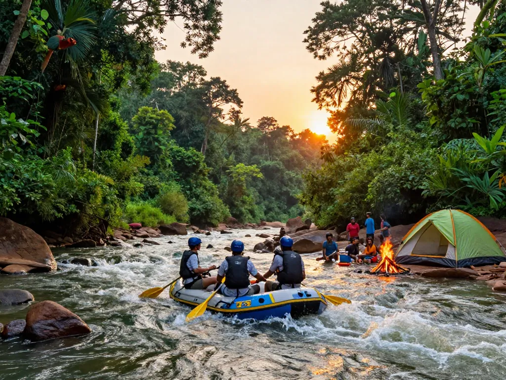 Dandeli jungle adventure with a traveler rafting on Kali River, surrounded by lush greenery and friends setting up campfire.