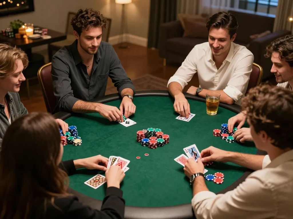 Friends engaged in an exciting TG88 poker game night at home, showcasing chips, cards, and a lively atmosphere.