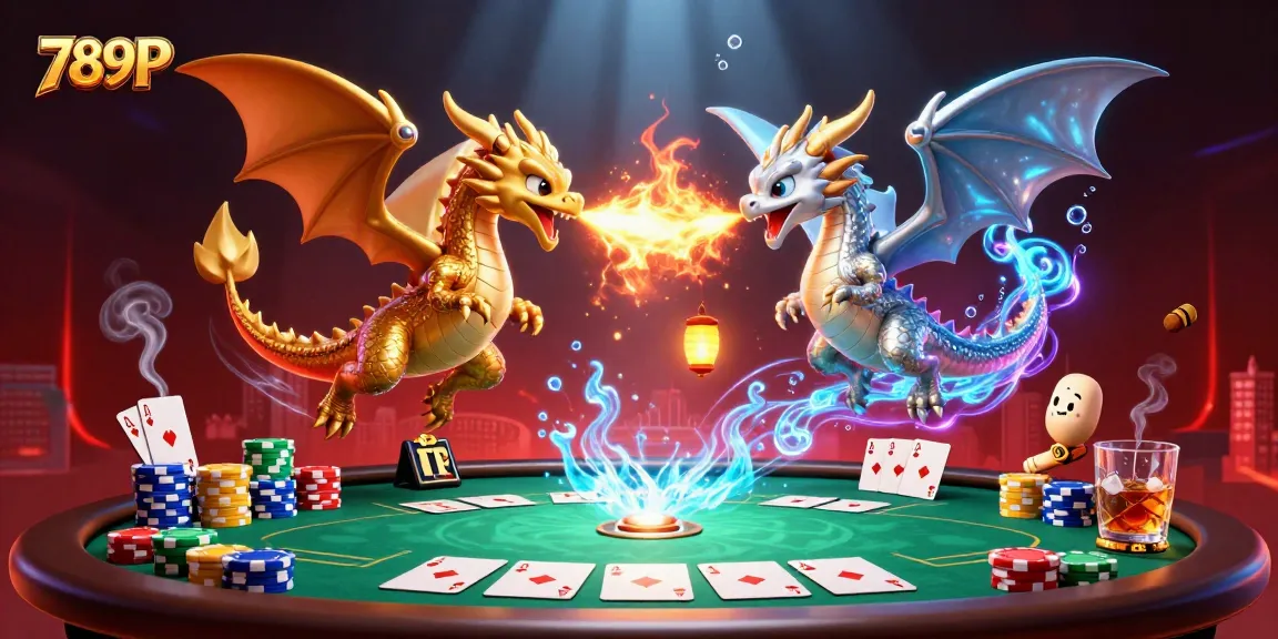 Engage with 789P in this vibrant 3D illustration featuring dynamic dragons and poker elements.