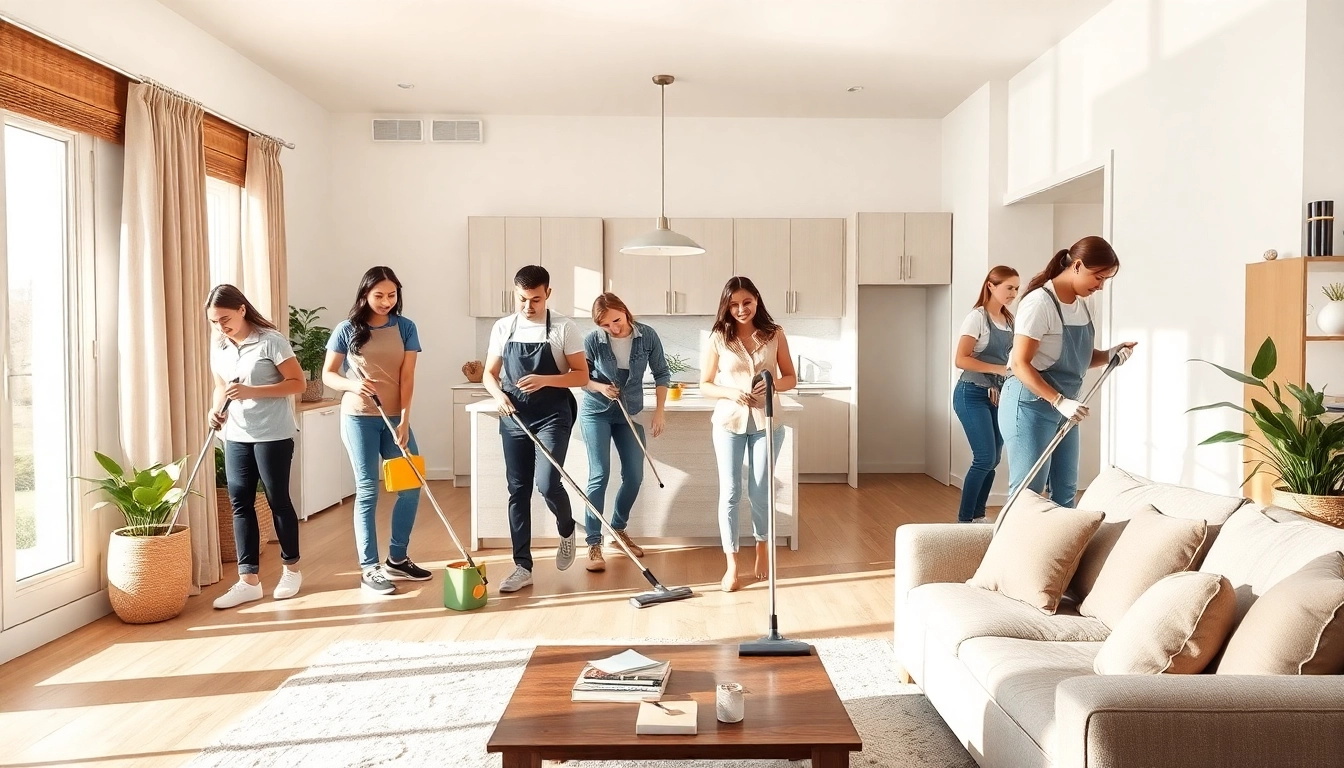 Cleaning Service team thoroughly cleaning a bright, modern home, ensuring sparkling surfaces.
