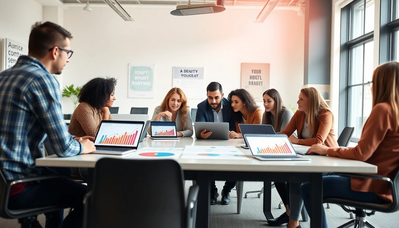Engaged team of a digital marketing company collaborating on strategies in a bright office.