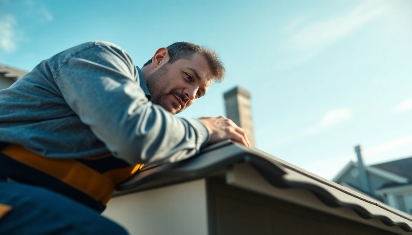 Inspecting roof repair details with a professional in a serene neighborhood setting.