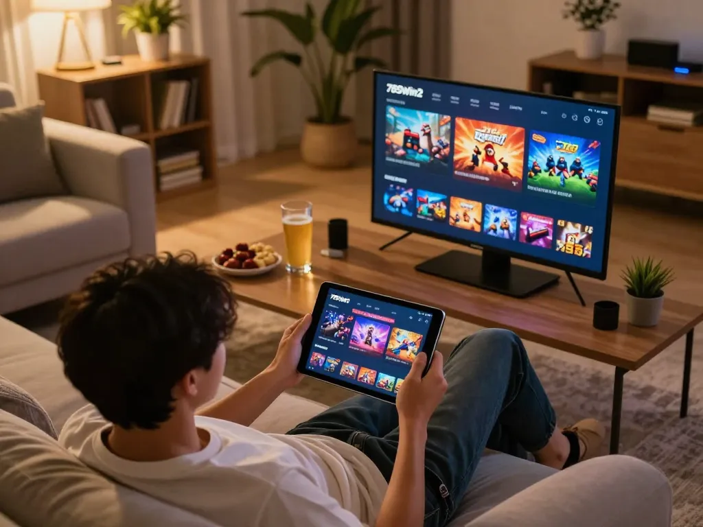 Person playing 789win2 on a tablet, enjoying a comfortable gaming session at home