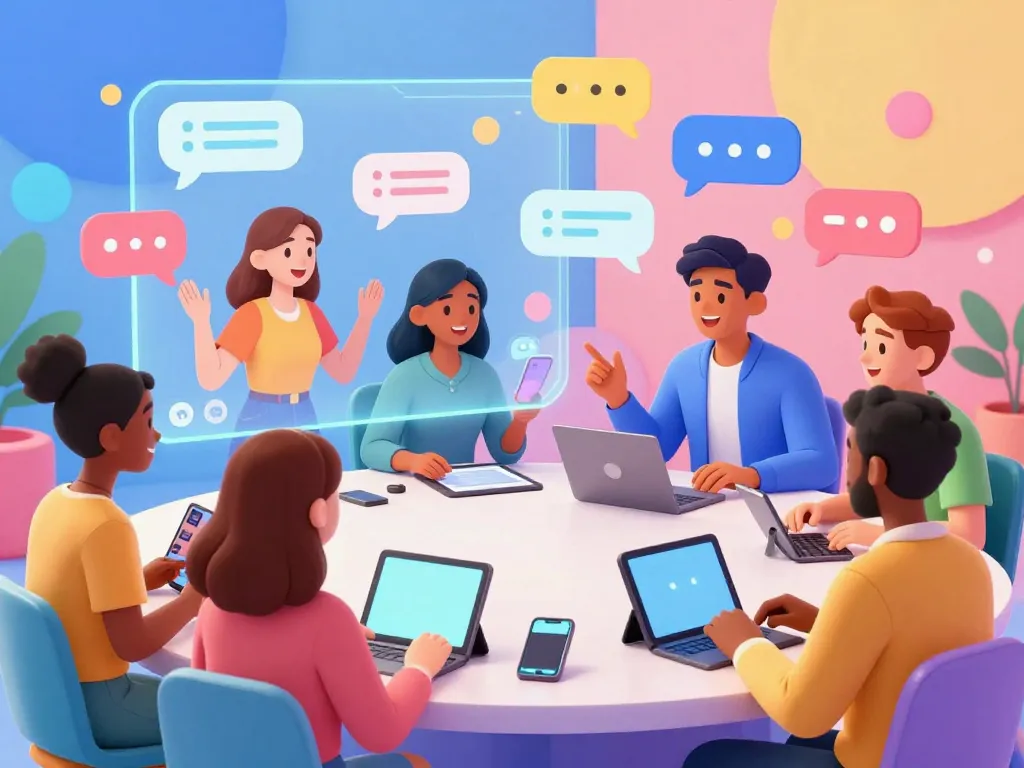 Interactive virtual chat room with animated characters chatting using sex chat ai, showcasing a futuristic, playful atmosphere.