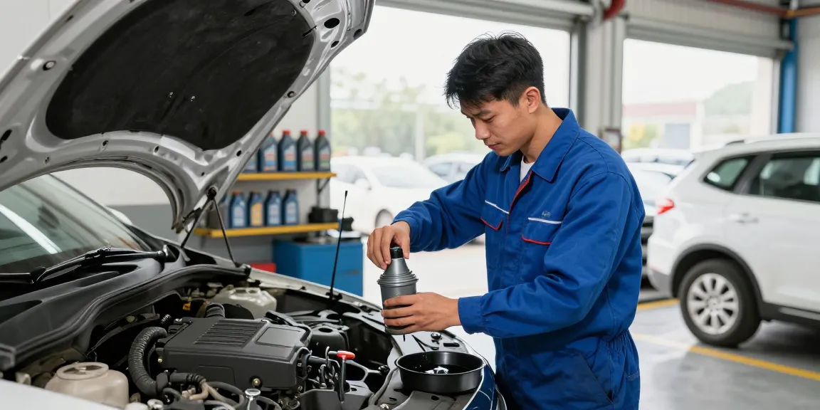 Best oil change near me - Mechanic performing oil change in a well-lit garage with organized tools.