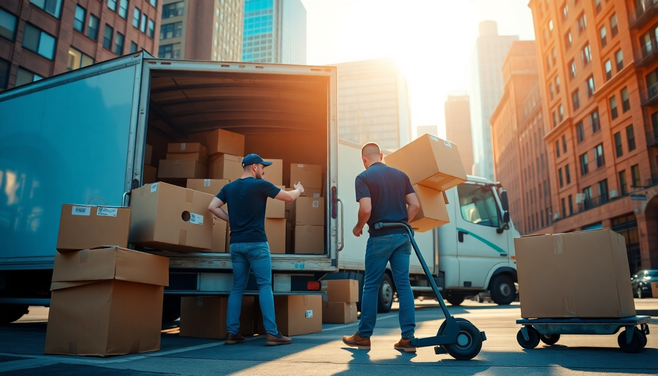 Movers providing moving services in detroit as they pack boxes into a truck in a city setting.