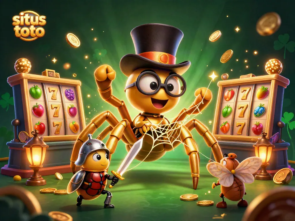 Engage with situs toto's vibrant casino world, featuring dynamic slot reels and animated characters.