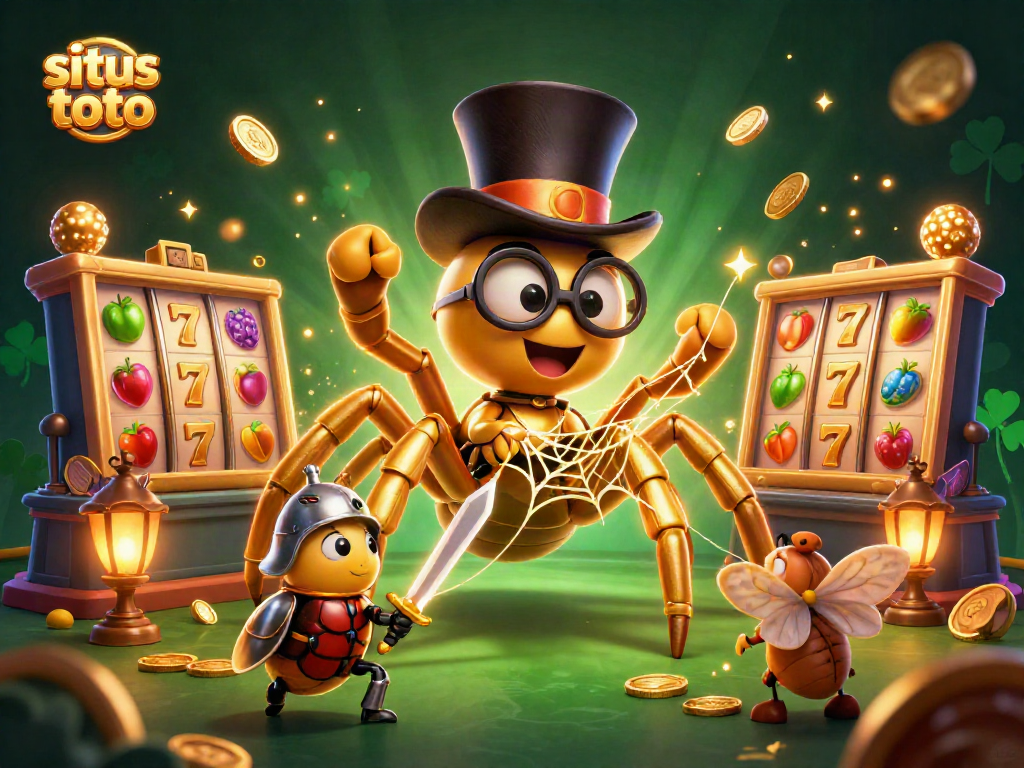 Engage with situs toto's vibrant casino world, featuring dynamic slot reels and animated characters.