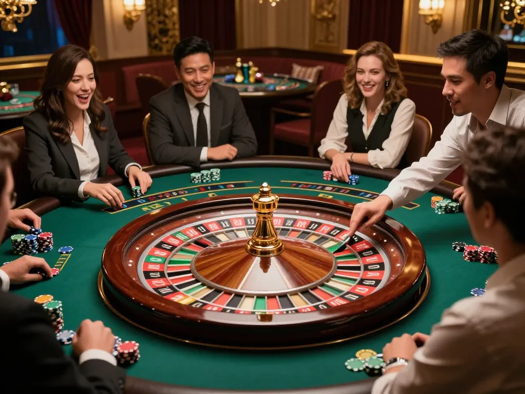 Watch players engage at the roulette table in a vibrant f8beta2 casino, showcasing lively betting and excitement.