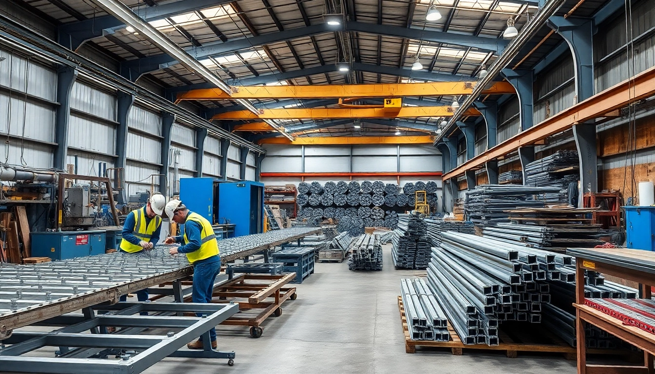 Workers diligently assembling steel structures in a busy steel fabrication shop.