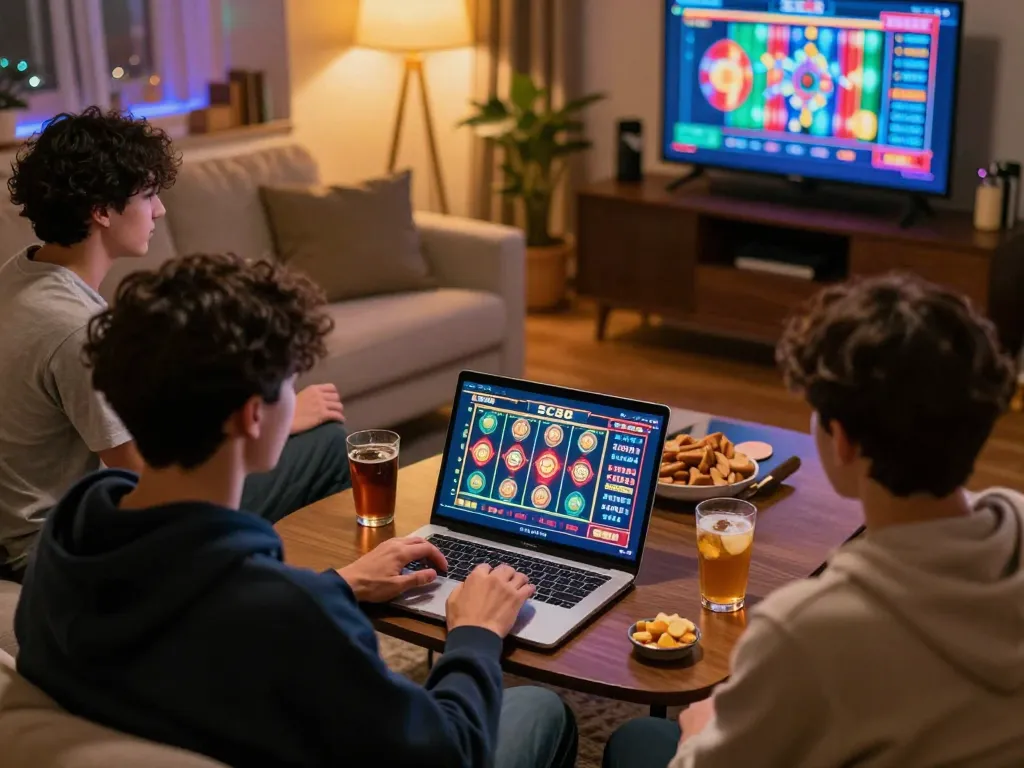 Players enjoying an engaging online SC88 casino game night with snacks and drinks in a cozy setting.