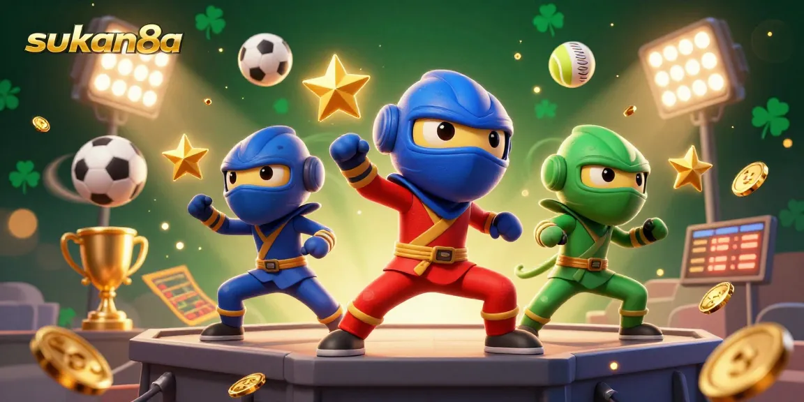 Sukan8a showcases ninja chameleons in action with dynamic sports elements and a vibrant casino theme.